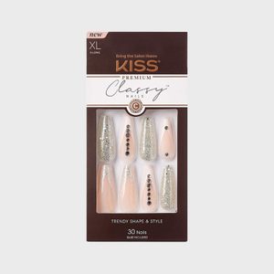 Package features 30 XL premium press-on nails with glitter and gem accents, displayed in a brown and white box labeled 