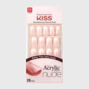 Pack of 28 medium-length acrylic nails, arranged in a plastic tray, labeled 