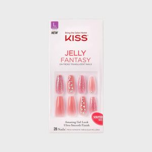 Nail set featuring pink, sparkly long fake nails with decorative gems, packaged in a box labeled 
