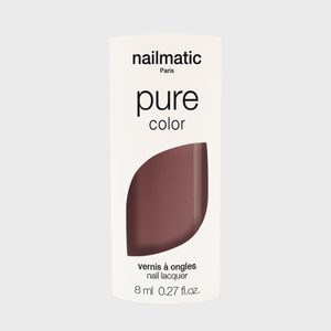 Nail polish bottle showcases deep brown color; labeled 