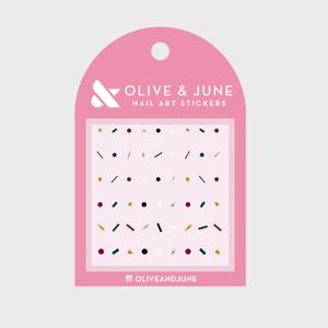 Sticker sheet displays colorful geometric nail stickers, enclosed in a pink packaging labeled 