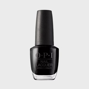 A black nail polish bottle labeled 
