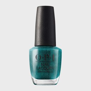 A teal nail polish bottle rests upright against a plain, light background. Text reads: 
