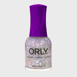 Nail polish bottle displays glimmering, iridescent contents with a purple cap, labeled â€œORLY LACQUER VERNIS ESMALTE .6 fl oz / 18 mLâ€ on neutral background.