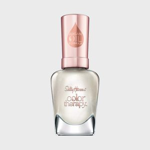 Nail polish bottle with a pearlescent liquid inside, featuring a pink cap reading 