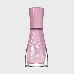 A bottle of pink nail polish displays reflective prismatic shine, labeled 