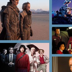 Various characters stand in desert gear, futuristic environments, and group formations, displaying adventurous themes across diverse sci-fi settings.