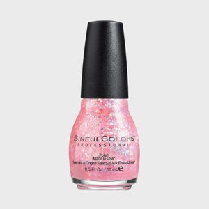 A pink glitter nail polish bottle stands upright against a plain background, labeled 