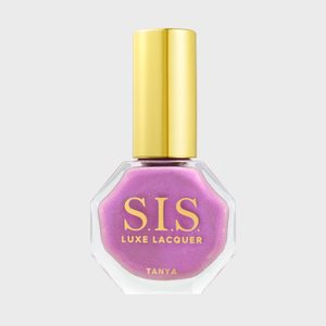 Nail polish bottle displaying purple lacquer with a gold cap. Text reads 