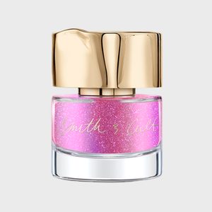 A pink glitter nail polish bottle, labeled 