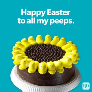 Cake decorated with yellow marshmallow chicks encircling chocolate center on a white stand; text reads, 