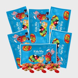 Jelly Belly bags display colorful jelly beans with a cartoon character on blue packaging reading 
