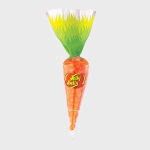 Bag shaped like a carrot holds orange Jelly Belly candy; green top resembles carrot leaves, against a plain background.