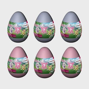 Colored eggs display toy branding with animal images in a grid on a plain background, promoting surprises inside.