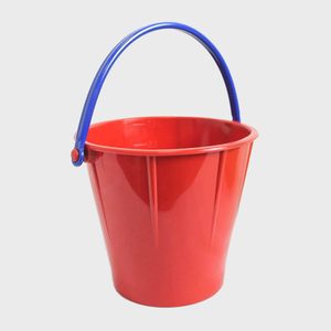 Red bucket with blue handle sits upright on a plain, light-gray background.