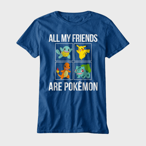 Blue t-shirt features Pikachu, Squirtle, Charmander, and Bulbasaur in squares, accompanied by the text 