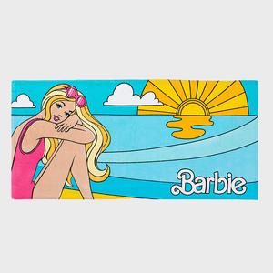 A cartoon girl sits in a pink swimsuit, smiling with sunglasses, against a backdrop of ocean waves and a setting sun. Text reads 
