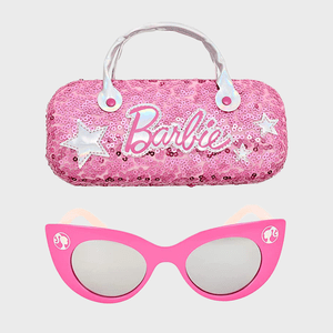 Pink sunglasses rest below a glittery pink bag with 