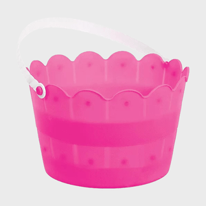 Pink scalloped bucket rests upright, featuring a white handle, against a plain white background.