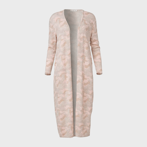 A long, pink patterned cardigan hangs against a plain background, displaying an open front design and long sleeves.