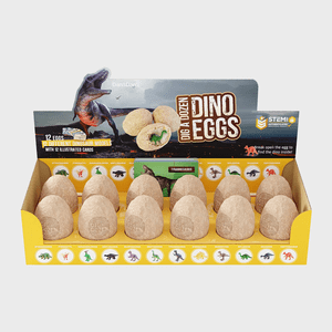 Eggs displayed in a box; cracking reveals dinosaur models. Box shows images of dinosaurs and the text 
