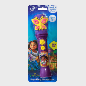 Microphone toy lights up with butterfly design, featuring Mirabel from Disney's Encanto, on vibrant packaging. Text: 