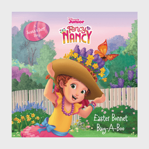A girl wearing a large, flowered hat smiles joyfully, surrounded by a colorful garden with butterflies. Text reads, â€œFancy Nancy: Easter Bonnet Bug-A-Boo.â€