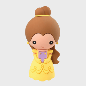A cartoon figurine holds a book, wearing a yellow dress and hair in a bun, against a plain white background.