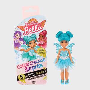 Doll with blue hair and wings stands next to colorful packaging, showcasing animated fairies labeled 