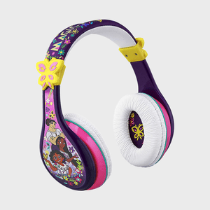 Colorful headphones featuring cartoon characters and floral designs; white ear cushions with a decorative butterfly. Set against a plain, light background.