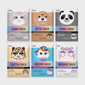Animal-themed face masks showcasing illustrations; each promotes specific skincare benefits, including calming, hydrating, nourishing, and brightening, set against a white background.
