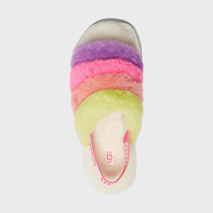 Furry slipper features multicolored bands, sits on a plain background; text reads 