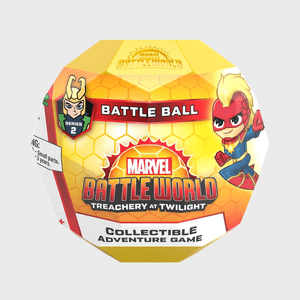 Hexagonal packaging displays Marvel character illustration, labeled 