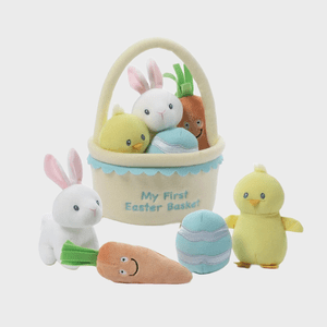 Plush toys rest inside and around a soft basket with 