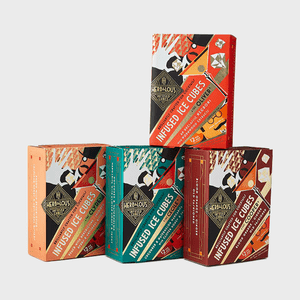 Boxes display infused ice cubes standing arranged, featuring colorful designs with geometric patterns. Each box contains 12 cubes and is crafted for cocktails.