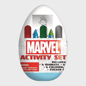 Egg-shaped activity set displays six colorful markers; includes Marvel-themed coloring and sticker sheets. Warning notes small parts hazard for under 3 years.
