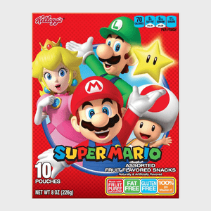 Characters celebrate on a bright snack box featuring 