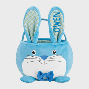 A plush blue bunny basket with plaid-lined ears, labeled 