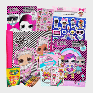 Various LOL Surprise coloring books and sticker sheets displayed alongside a pack of Crayola crayons on a white background.