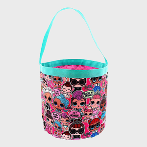 A colorful bucket showcases various cartoon dolls, decorated with speech bubbles like 