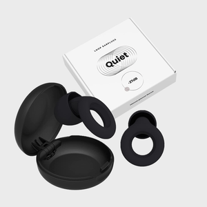 Black earplugs rest beside an open circular case and a white box labeled 