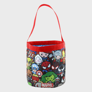A bucket bag displays cartoon Marvel superheroes with a red handle, against a white background. The word 