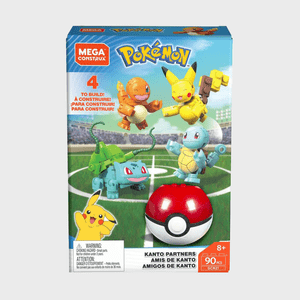 Construction toy set box depicts PokÃ©mon figures in battle poses on a stadium field. Includes 90 pieces, labeled 