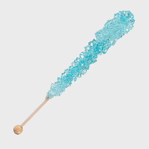 Blue sugar crystals cluster on a stick, resembling a rock candy treat, against a plain white background.