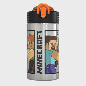 A metal water bottle displays Minecraft characters, Steve and Alex, with the 