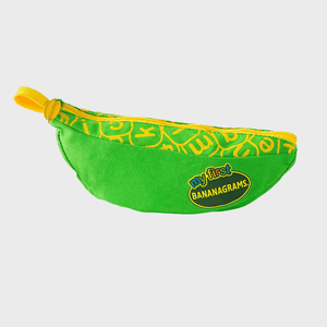 Green banana-shaped pouch with yellow zipper and text 