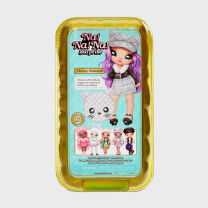 Toy doll package featuring a stylish doll with purple hair, gray outfit, and cat ears, surrounded by colorful doll illustrations, in a yellow blister pack.