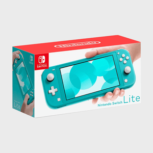 Box shows a turquoise Nintendo Switch Lite handheld console in a person's hand, with a geometric blue screen design.