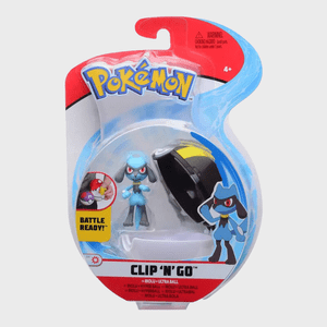 Toy figure of Riolu is packaged with an Ultra Ball, set against a colorful PokÃ©mon-themed background, labeled 
