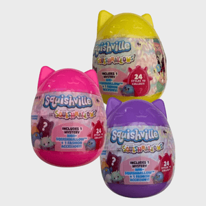 Three colorful egg-shaped toys display text 
